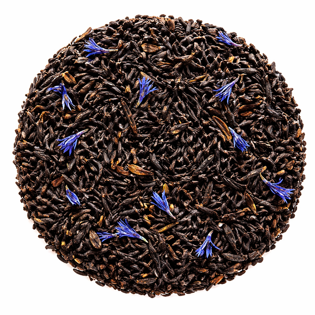 Tea ball with dark tea leaves and blue flowers on a white background