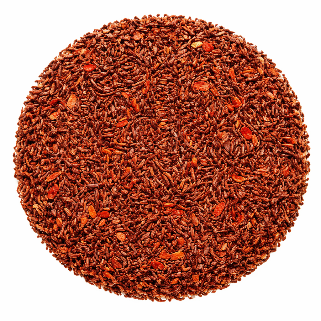 Close-up of a round ball of red rooibos tea leaves on a white background