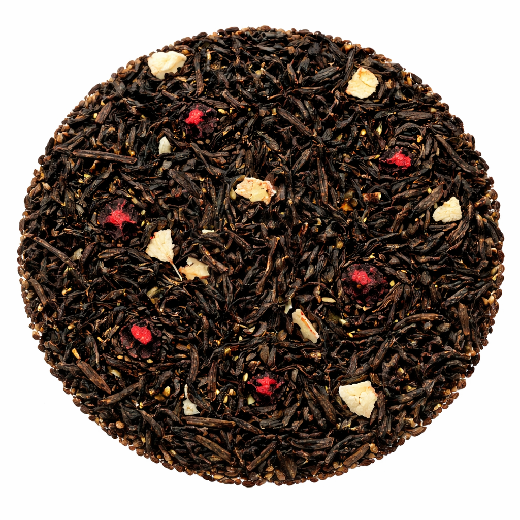 Close-up of black tea leaves with red and white elements on a white background