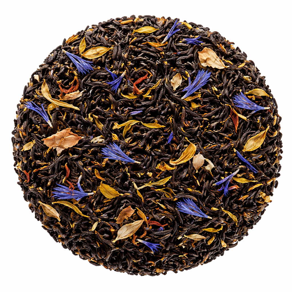 Tea ball with black tea leaves, dried flowers, and herbs on a white background