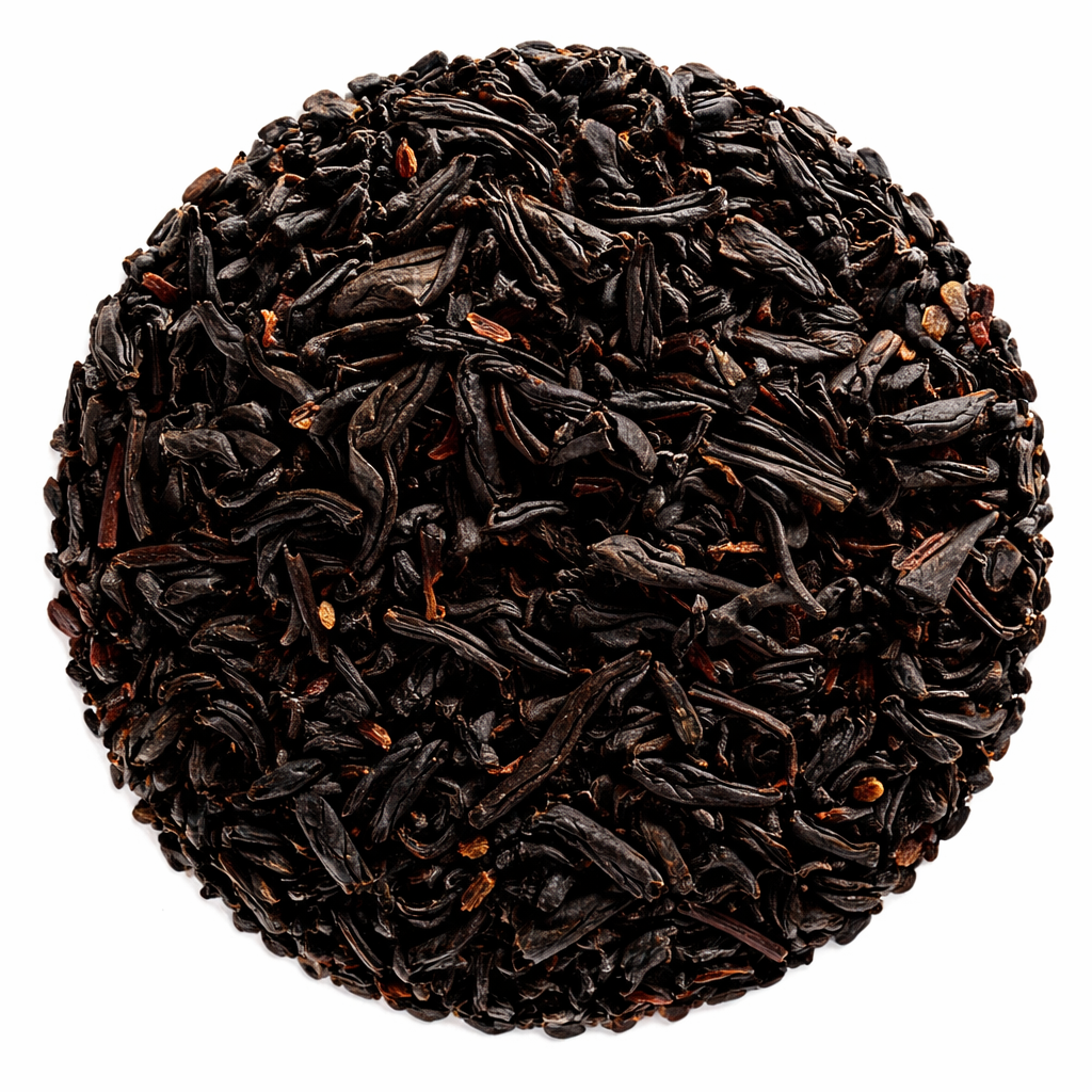 Tea ball with black tea leaves on a white background