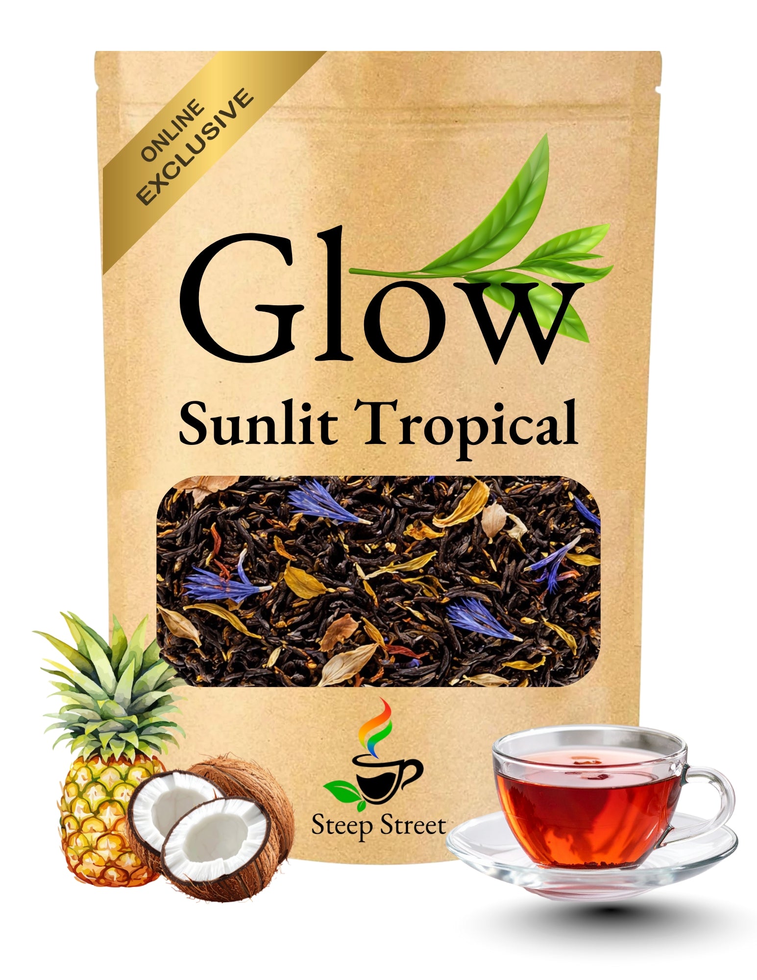 Tea package labeled 'Glow Sunlit Tropical' with tea leaves, pineapple, coconut, and a cup of tea on a white background.