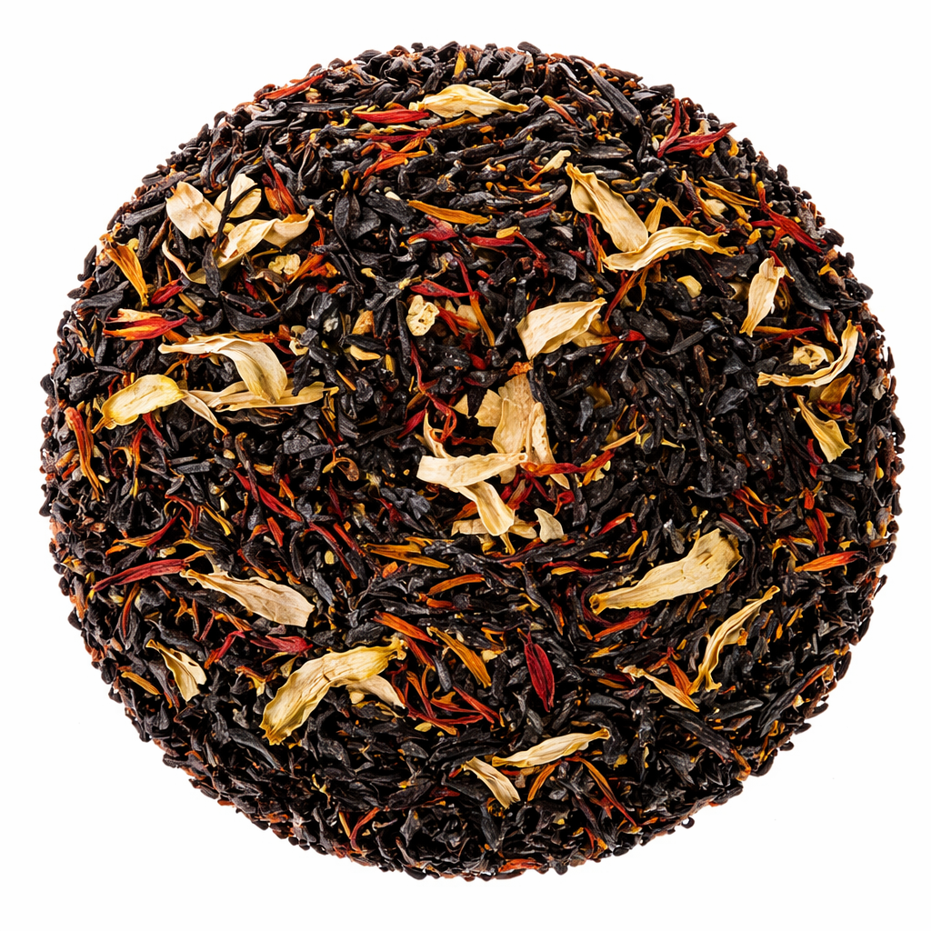 Tea ball with black tea leaves and floral elements on a white background