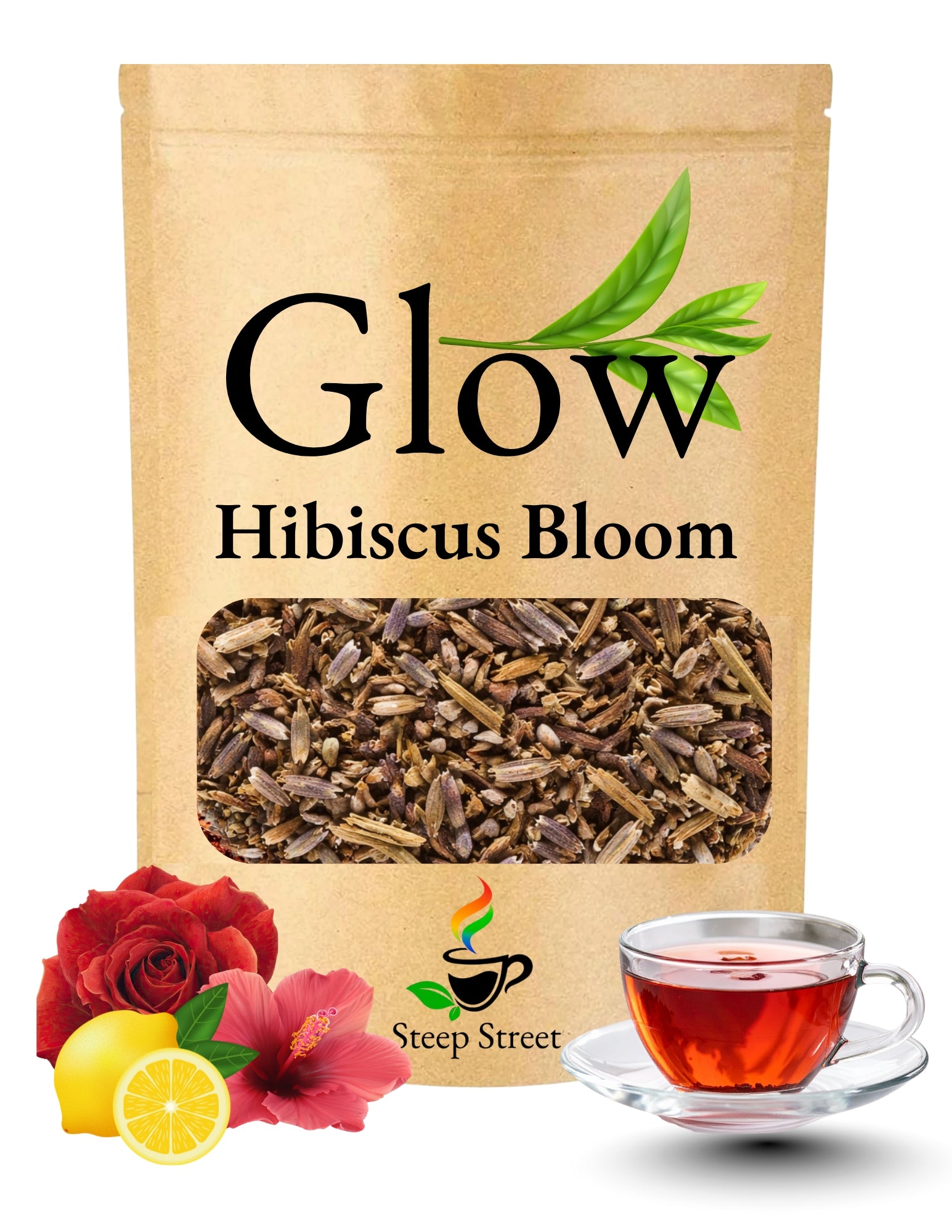 Packaging of 'Glow Hibiscus Bloom' tea with a cup of tea and floral elements on a white background.