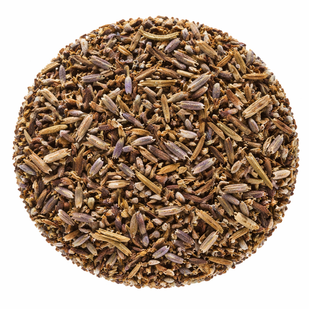Round spice blend with various seeds and herbs on a white background