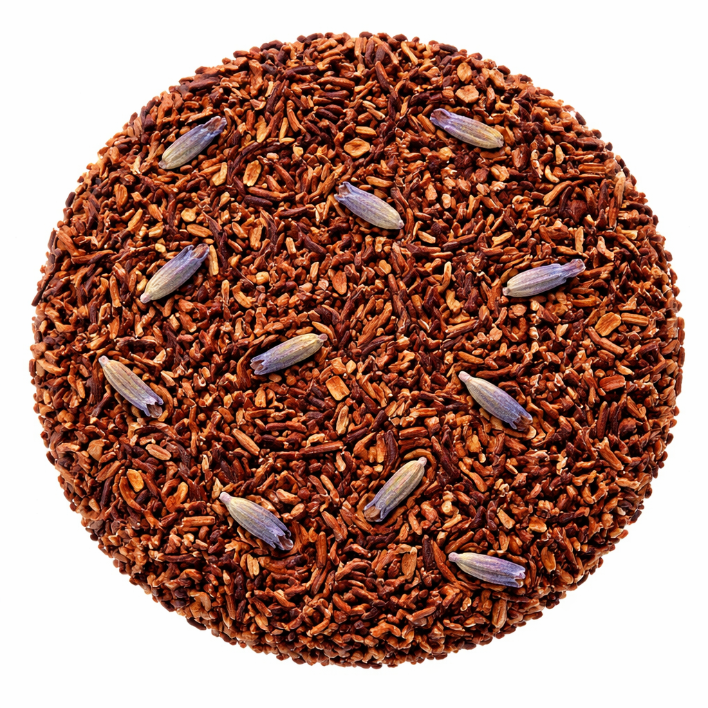 Round container roibos  lavender and apple tea with seeds on a white background