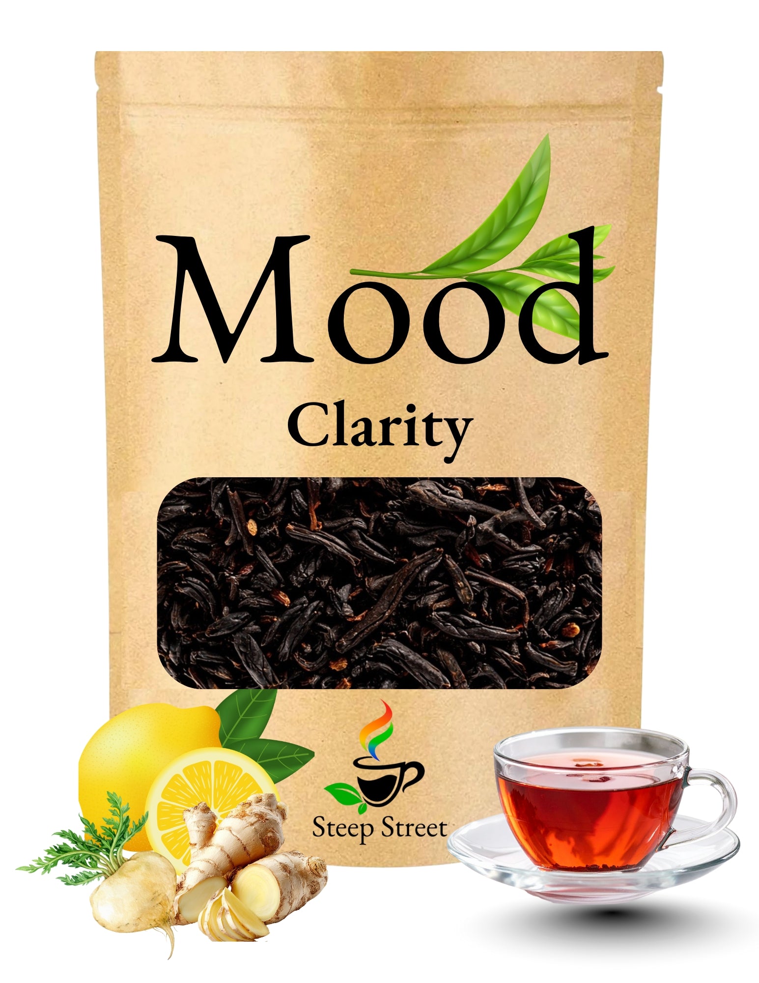 Tea package labeled 'Mood Clarity' with tea leaves, lemon, ginger, and a cup of tea on a white background.