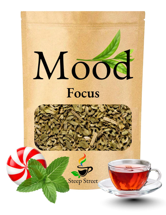 Tea package labeled 'Mood Focus' with a cup of tea and mint leaves on a white background
