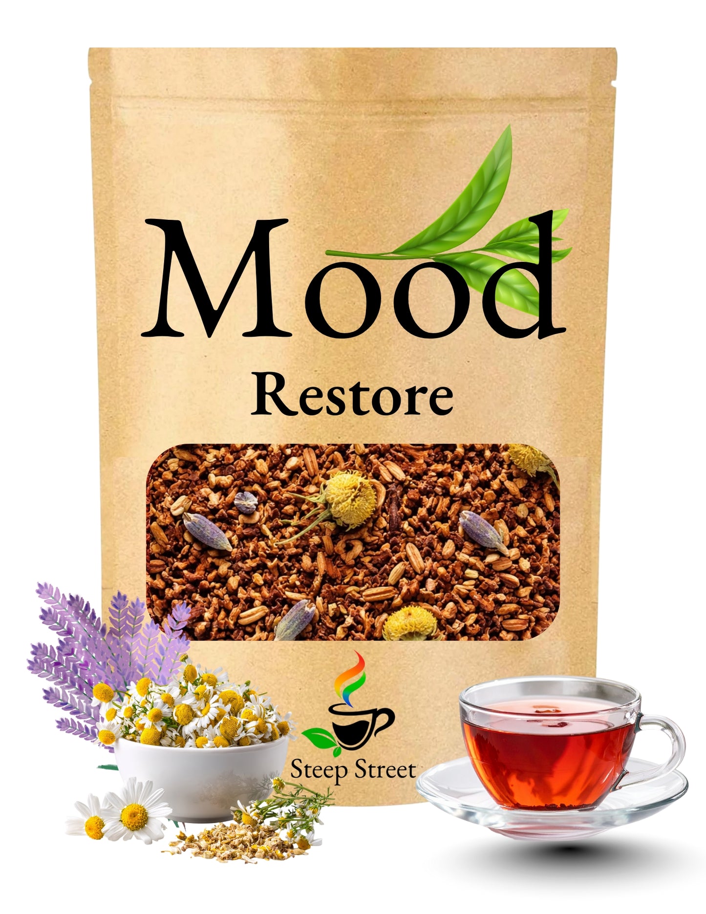 Tea package labeled 'Mood Restore' with a cup of tea and herbs on a white background