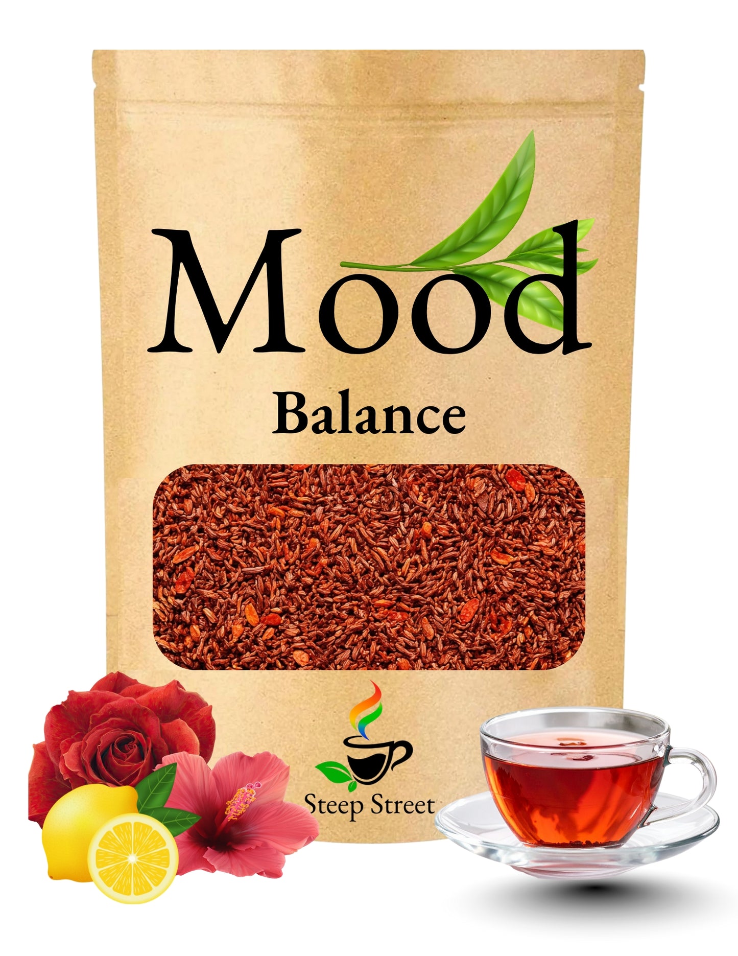 Tea package labeled 'Mood Balance' with a cup of tea, flowers, and lemon on a white background.