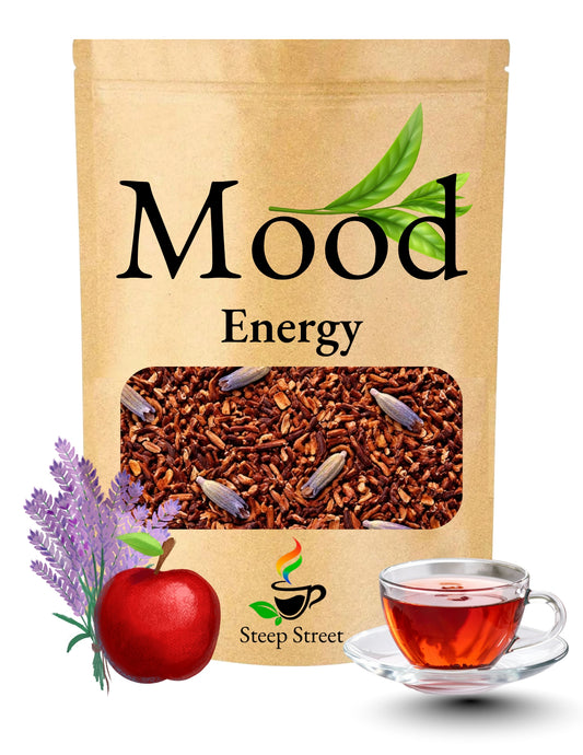 MOOD – Energy loose-leaf herbal tea in a kraft pouch, featuring a calming blend with lavender and apple notes, clean minimalist packaging, Steep Street Teas branding visible.