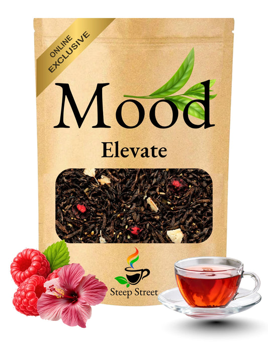 Tea package labeled 'Mood Elevate' with tea leaves, flowers, and a cup of tea on a white background.