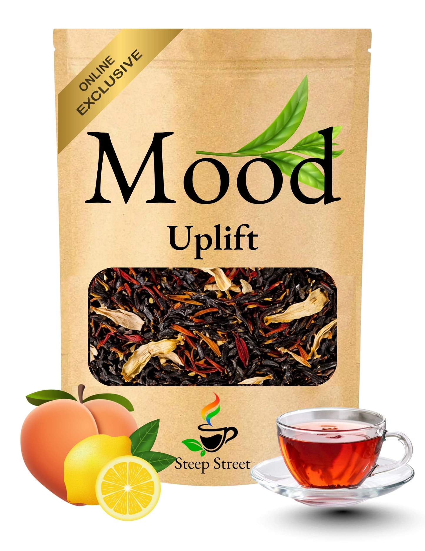 Tea package labeled 'Mood Uplift' with tea leaves, fruits, and a cup of tea on a white background.