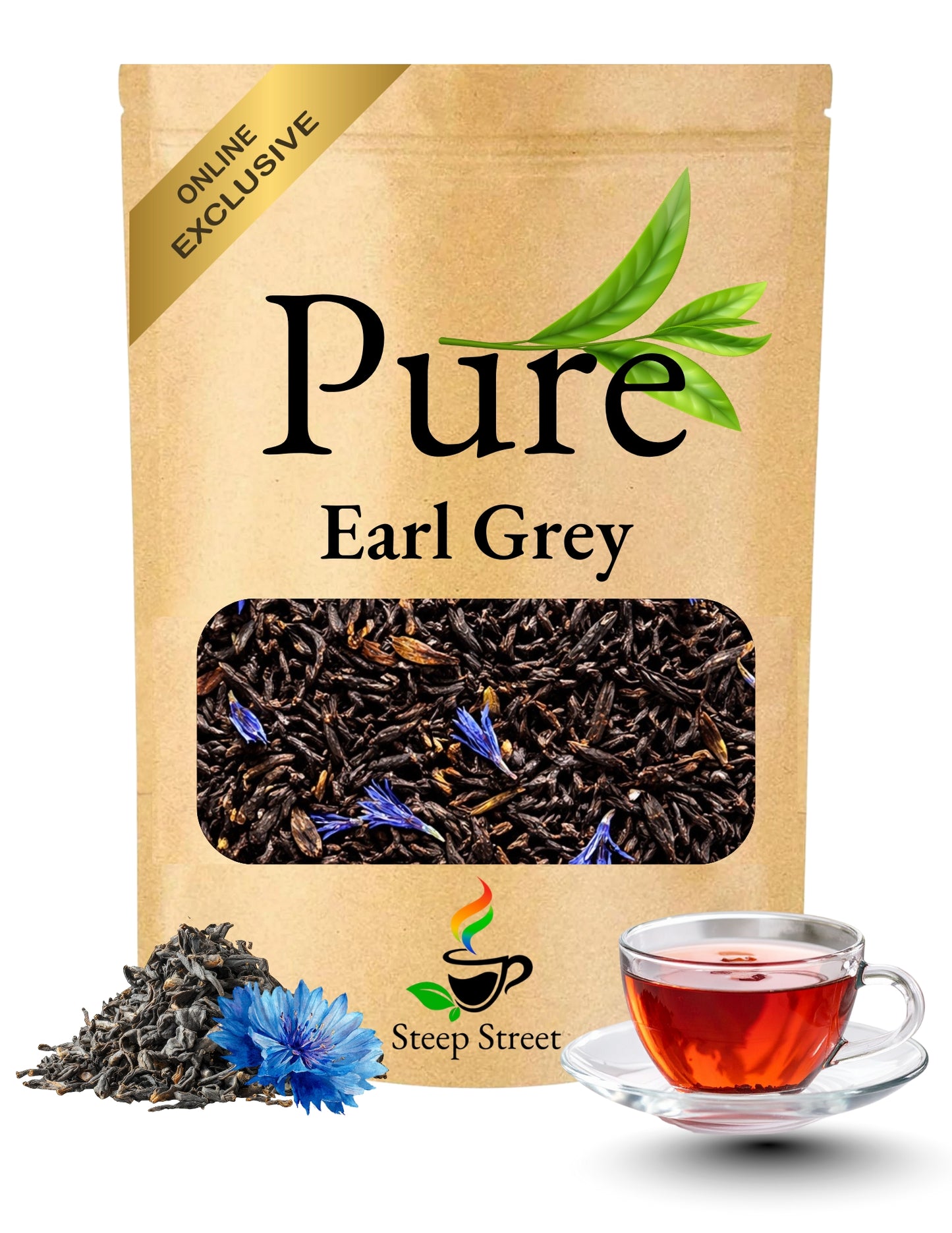 Tea package labeled 'Pure Earl Grey' with tea leaves and a cup of tea on a white background
