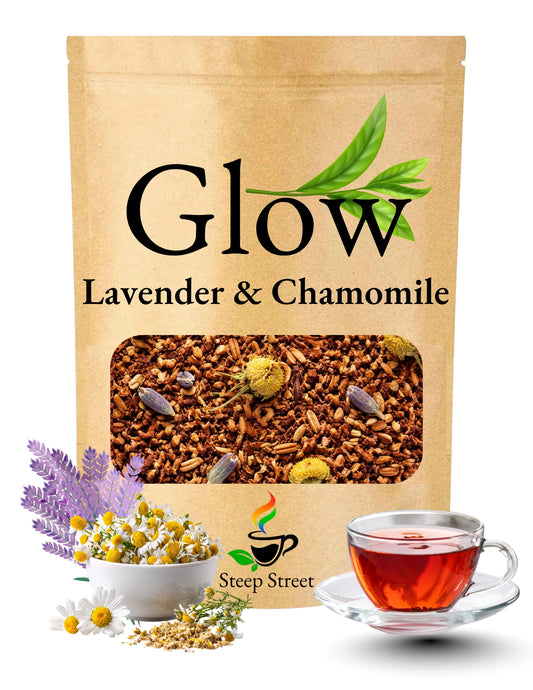 Tea package labeled 'Glow Lavender & Chamomile' with tea cup and flowers on a white background