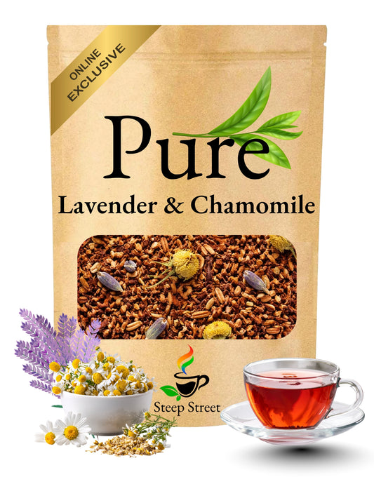 Package of Pure Lavender & Chamomile tea with a cup of tea and herbs on a white background