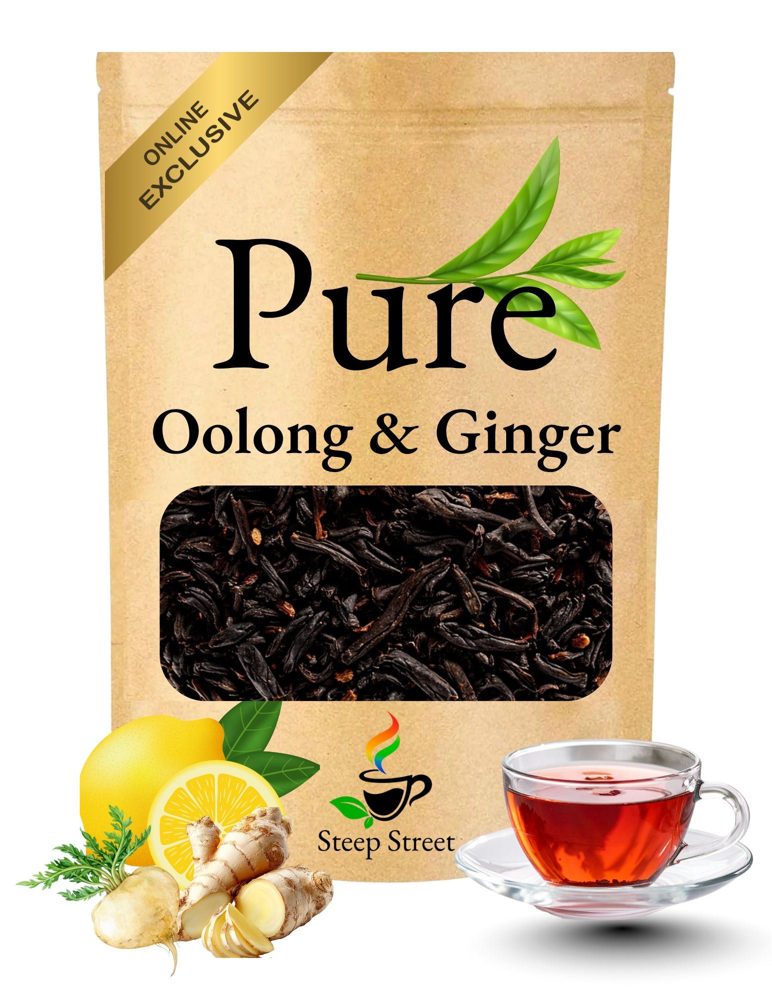 Tea package labeled 'Pure Oolong & Ginger' with tea leaves, lemon, ginger, and a cup of tea on a white background.