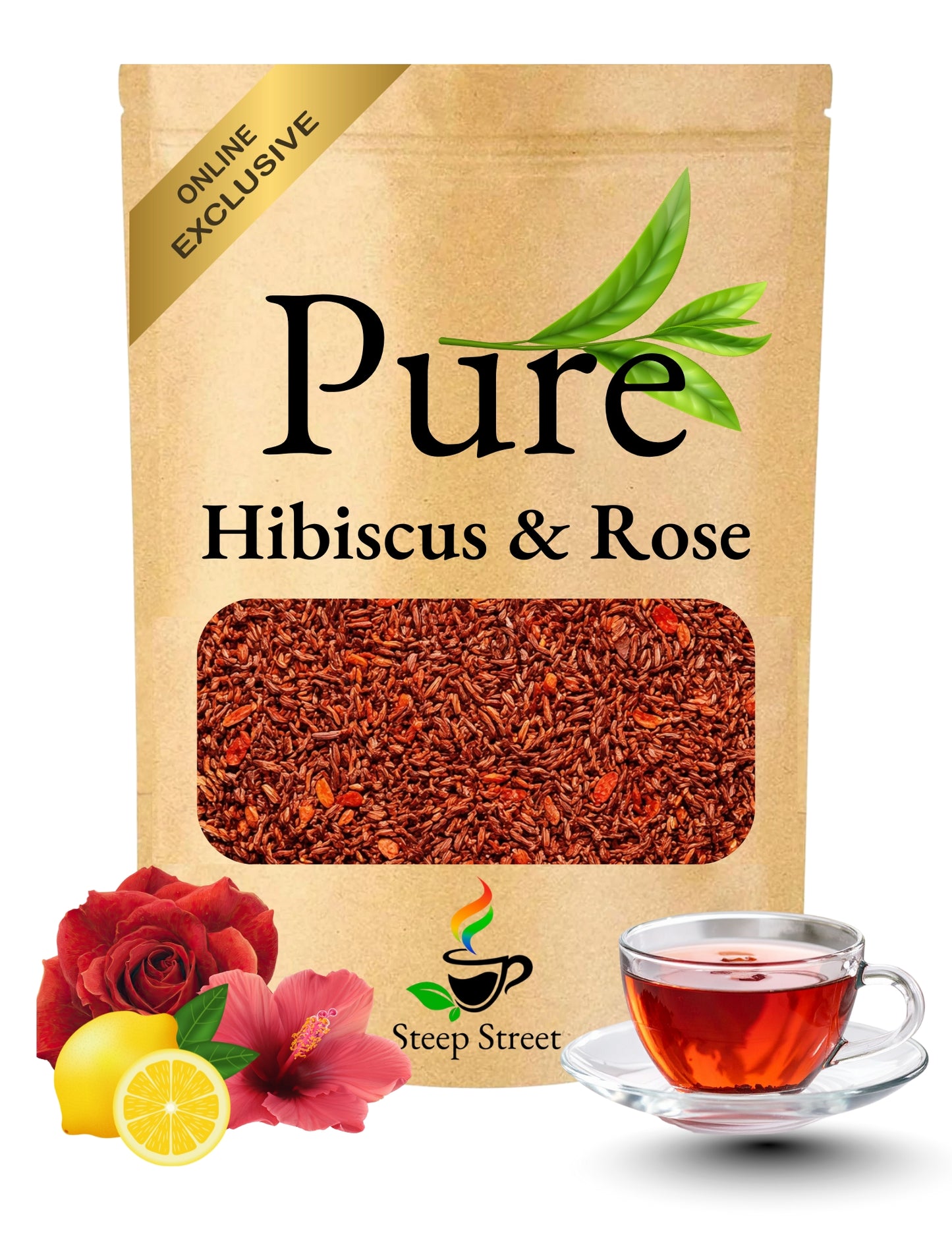 Package of Pure Hibiscus & Rose tea with a cup of tea and flowers on a white background
