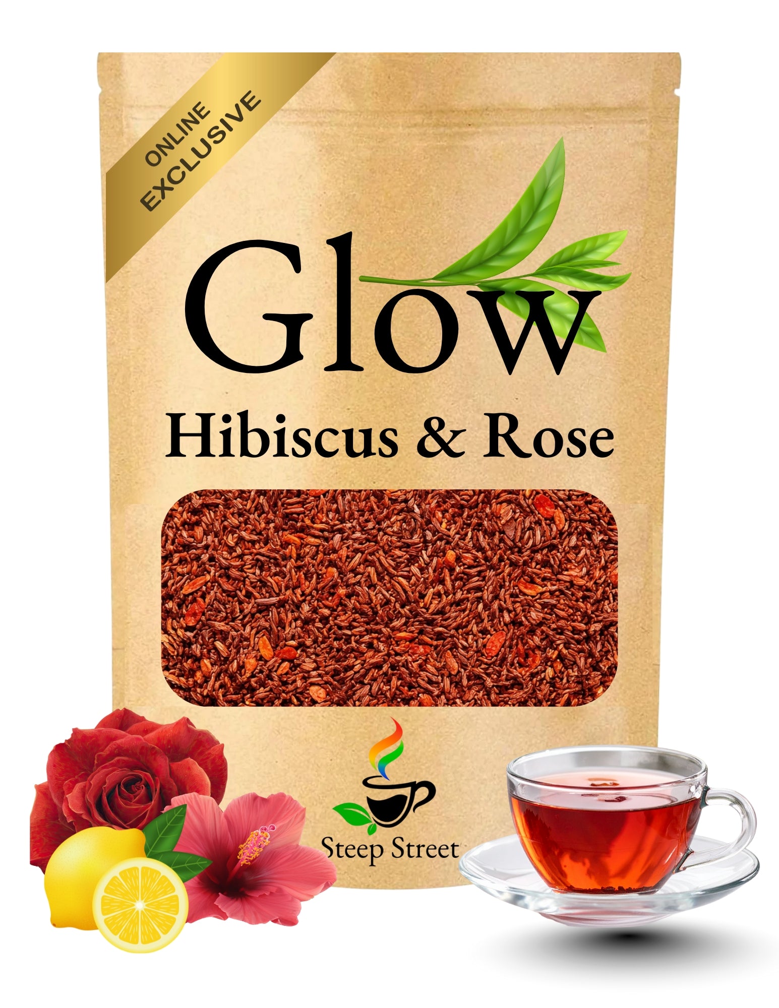 Glow Hibiscus & Rose tea package with tea leaves, flowers, and a cup of tea on a white background.