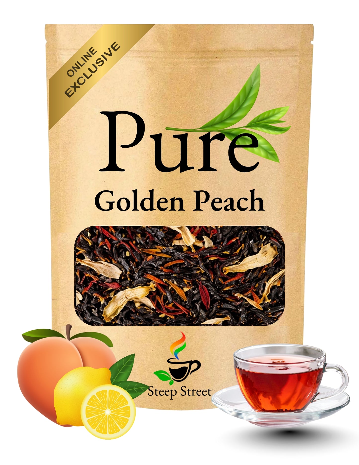 Tea package labeled 'Pure Golden Peach' with tea leaves, peach, lemon, and a cup of tea on a white background.