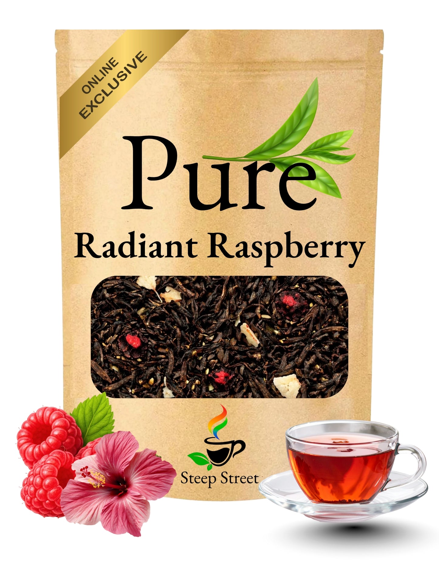 Tea package labeled 'Pure Radiant Raspberry' with a cup of tea and raspberries on a white background