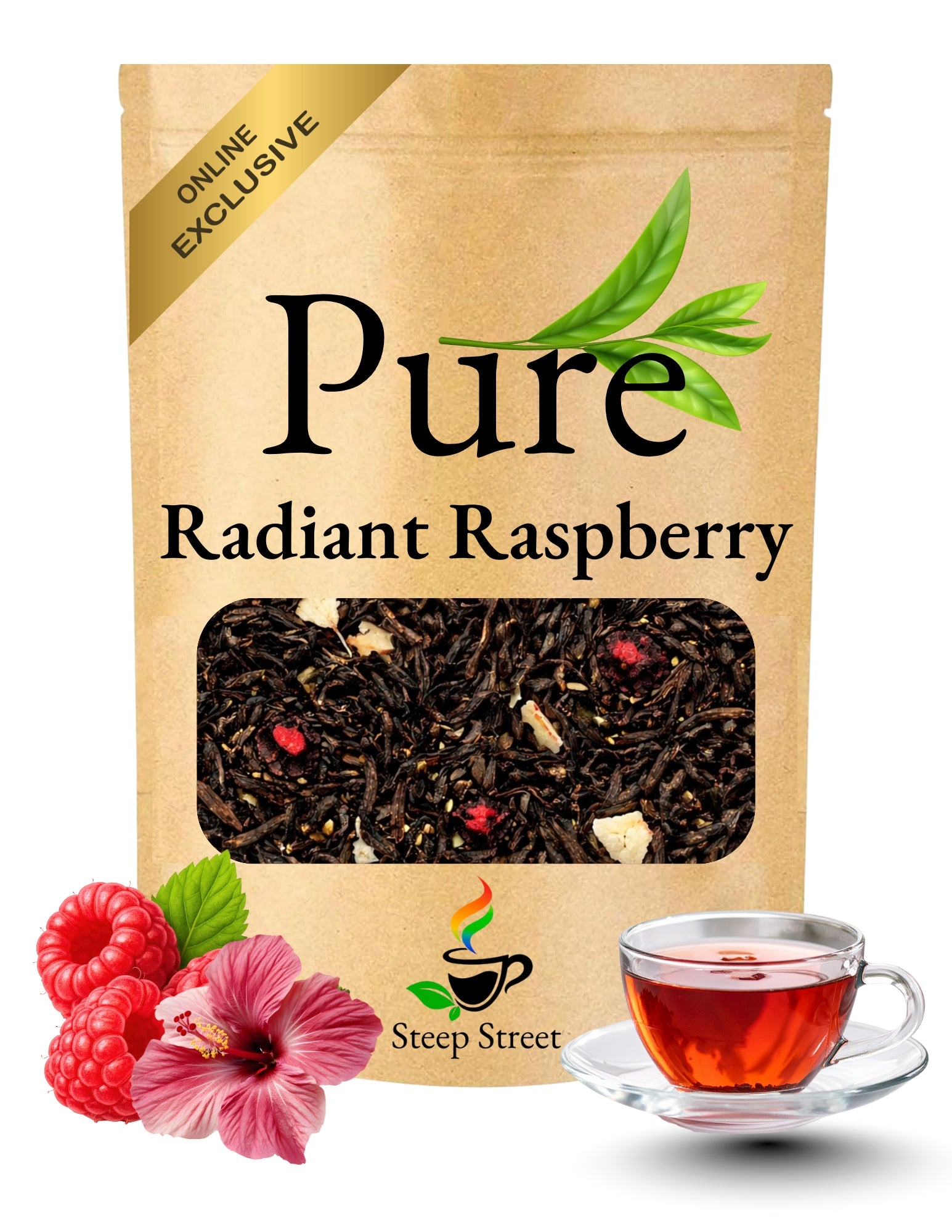 Tea package labeled 'Pure Radiant Raspberry' with a cup of tea and raspberries on a white background