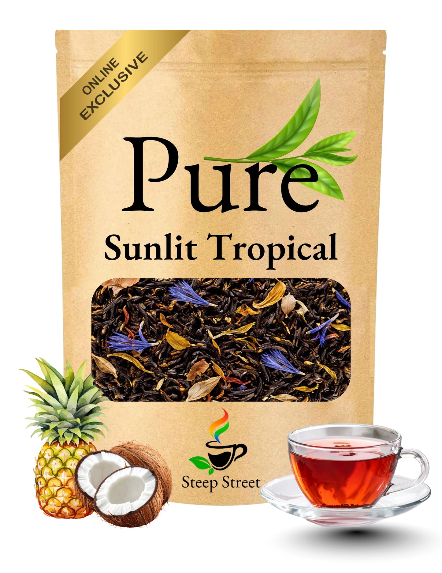 Pure Sunlit Tropical herbal tea in a kraft pouch on a neutral surface, featuring a bright tropical blend inspired by pineapple and citrus flavors, clean minimal packaging, Steep Street Teas branding visible.