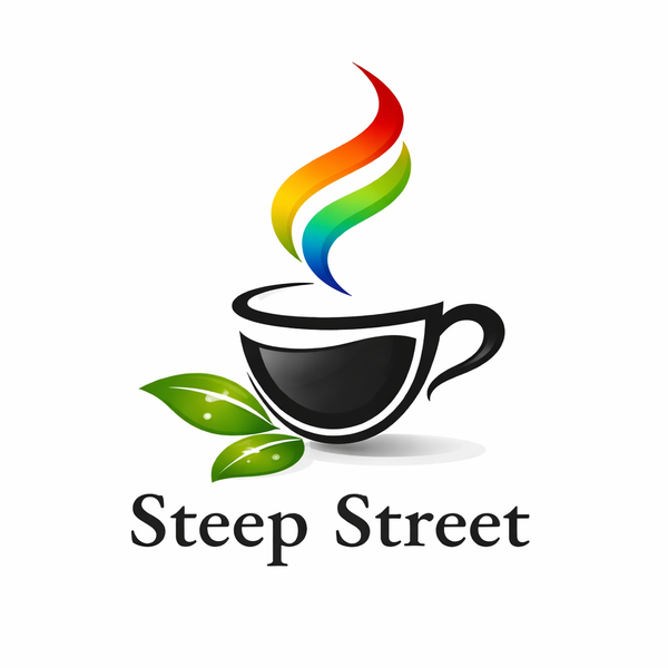 Logo of 'Steep Street' featuring a coffee cup with steam and leaves on a white background.