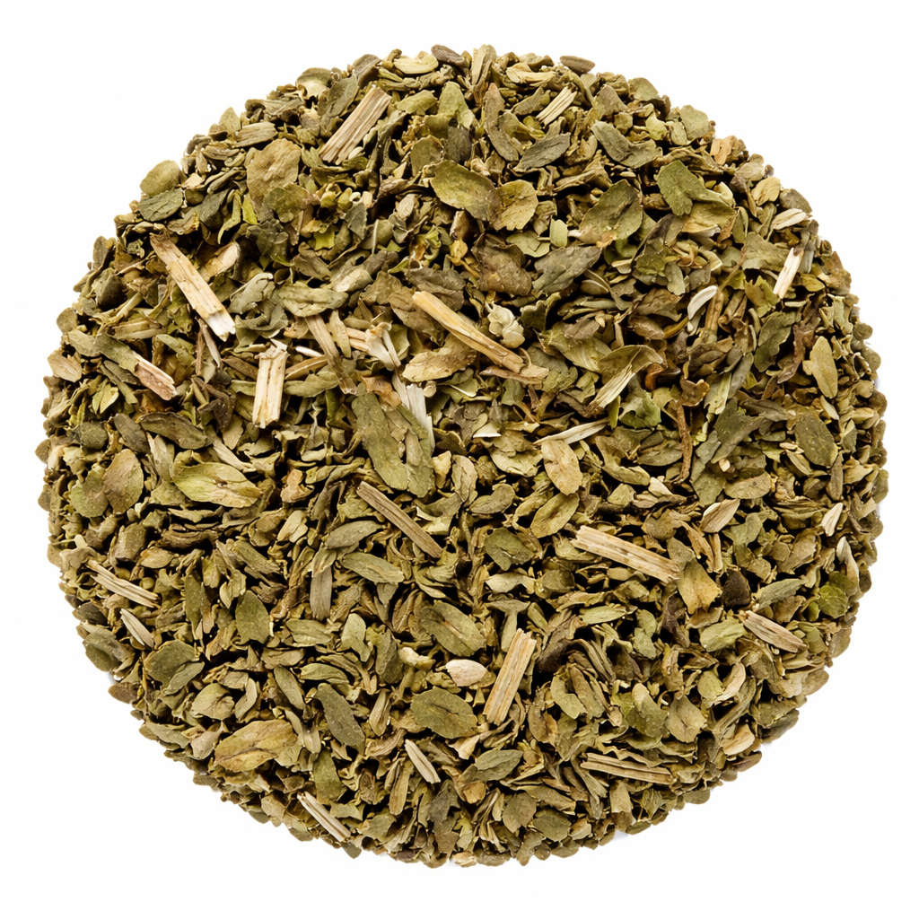 Round ball of dried green herbs on a white background